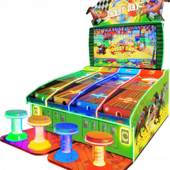 Bright neon arcade racing game cabinet with a Derby Day horse-racing theme and four colorful stools in front of a wooden platform