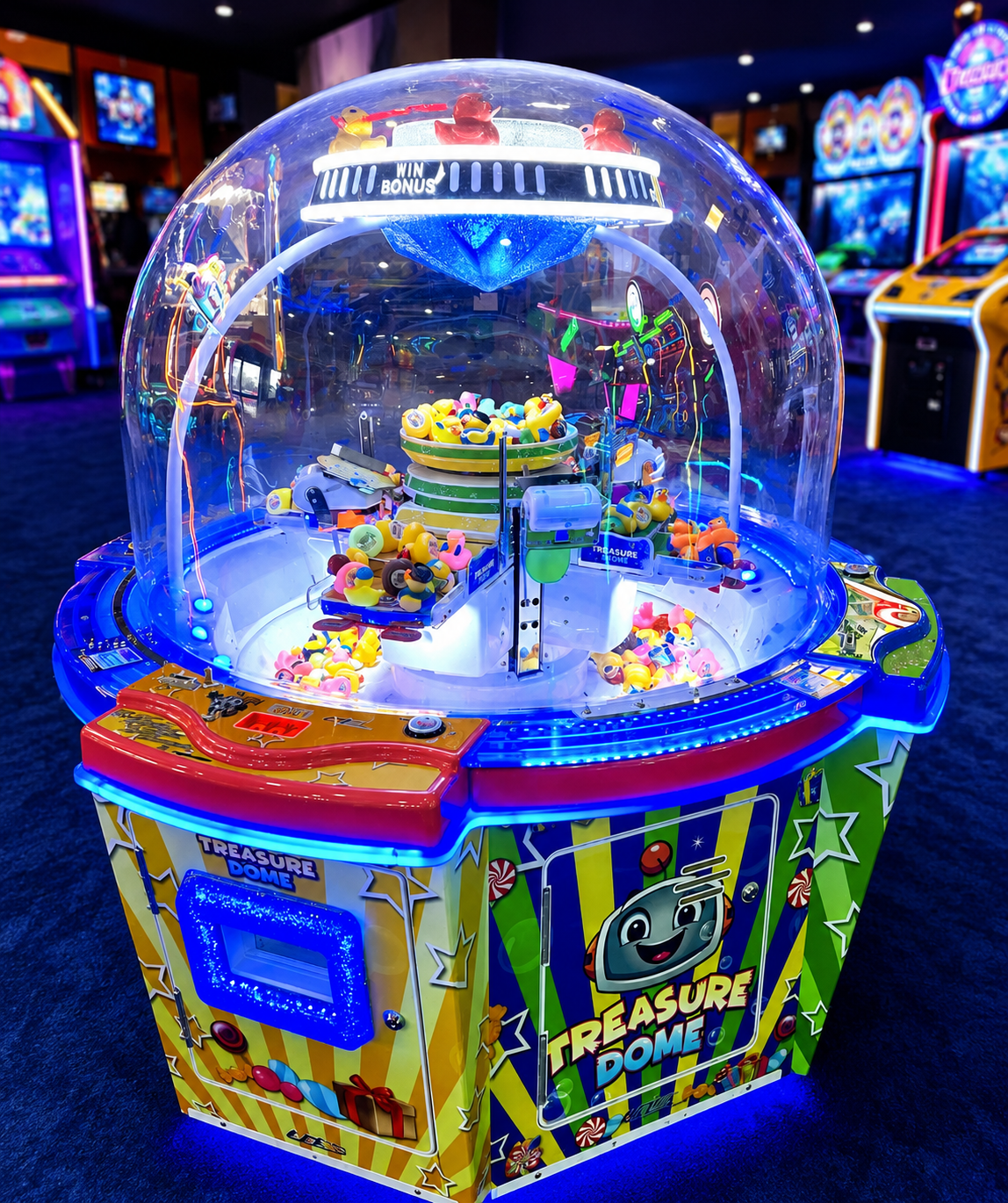 Colorful Treasure Dome arcade prize machine with a clear dome housing spinning toys and blue LED lights.
